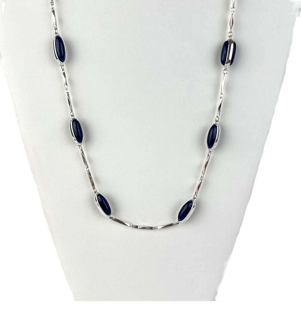 Liz Claiborne Necklace Blue Oval Smooth Stones Station Silver Tone Bar Chain Vtg